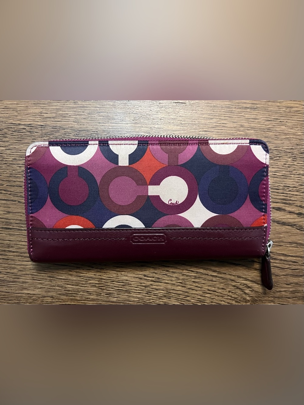 Coach Op Art Zip Around Wallet Burgundy Purple Geometric Print Long Wallet